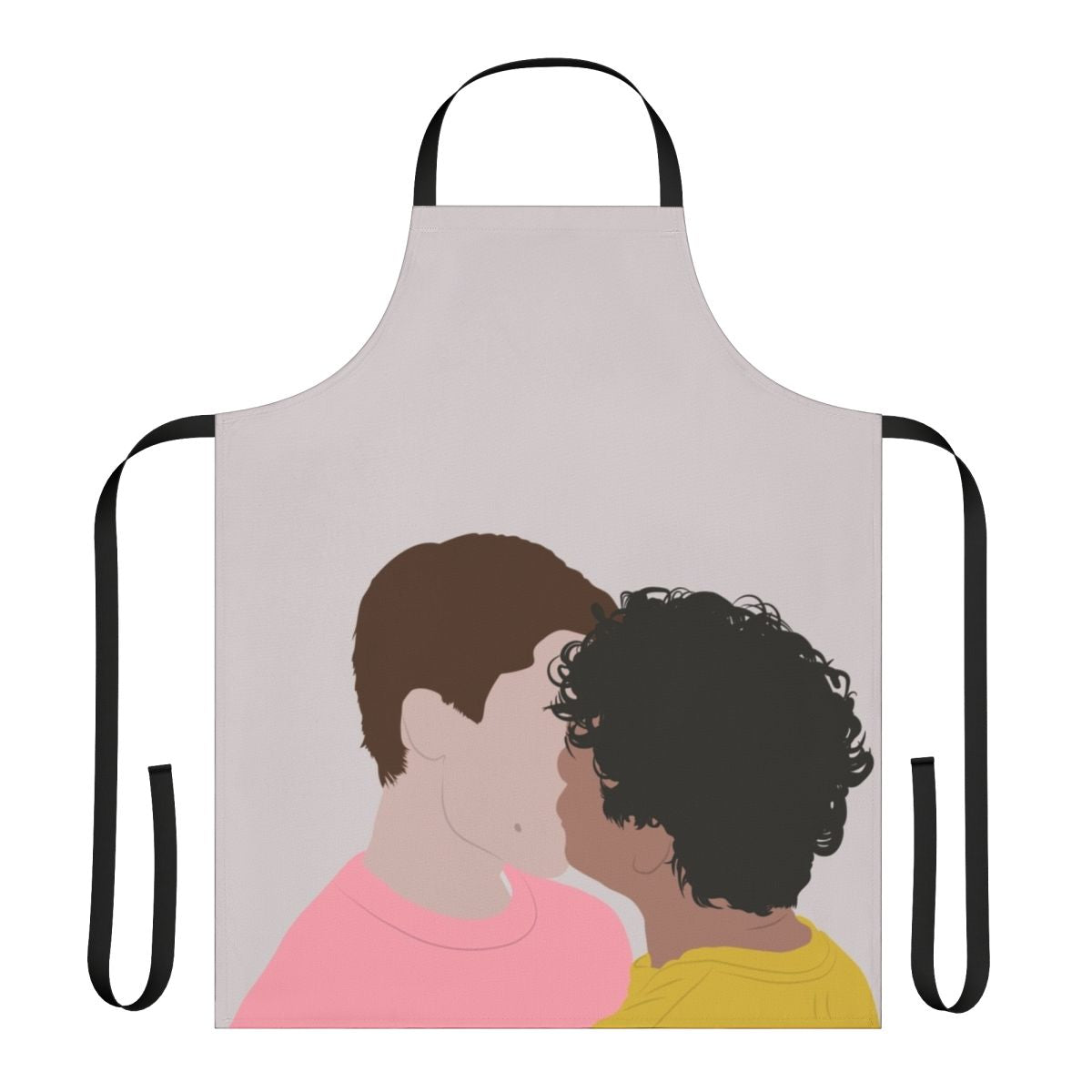 A white apron with a line art design of Prince Wilhelm and Simon Eriksson from the Netflix series Young Royals, kissing.