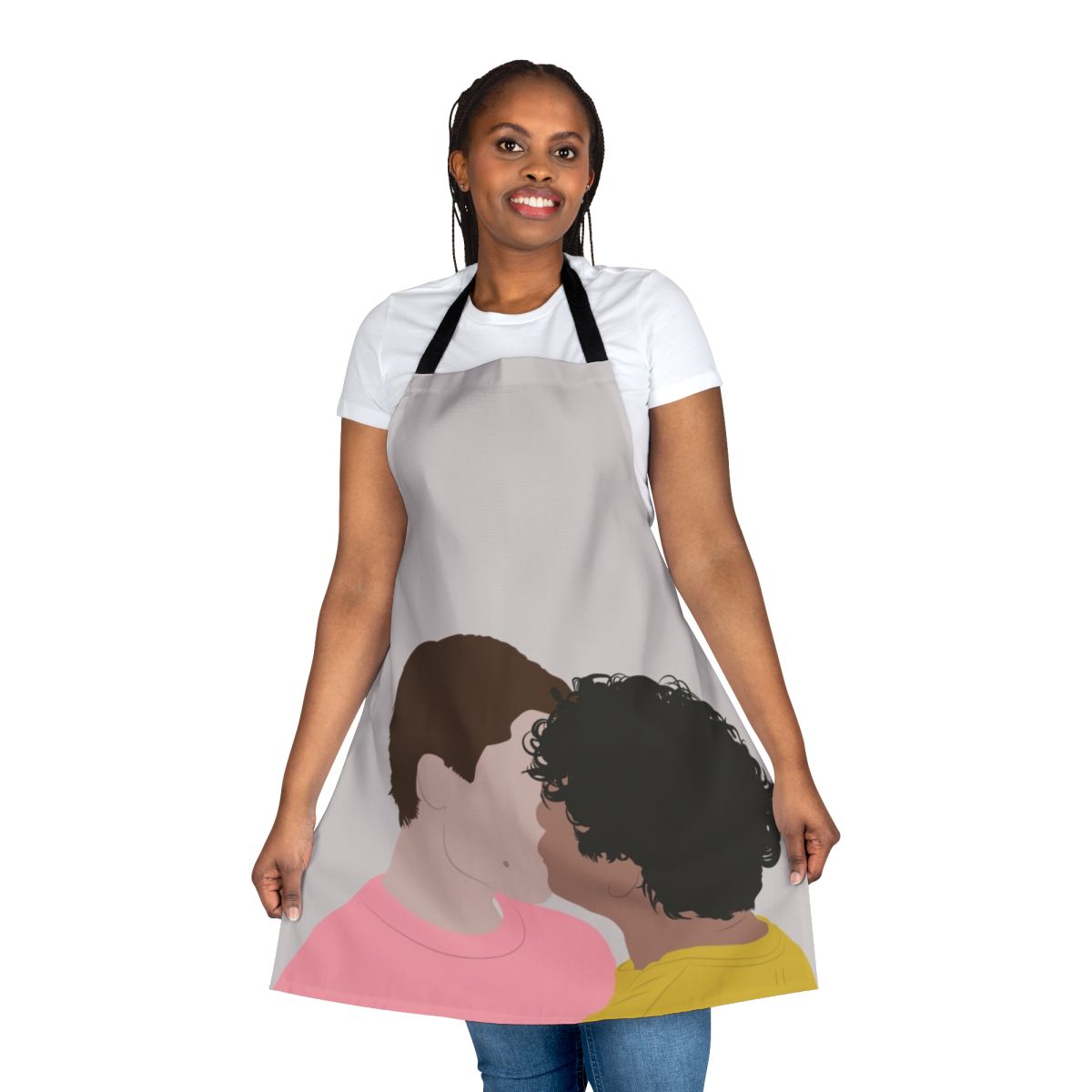 A white apron with a line art design of Prince Wilhelm and Simon Eriksson from the Netflix series Young Royals, kissing.