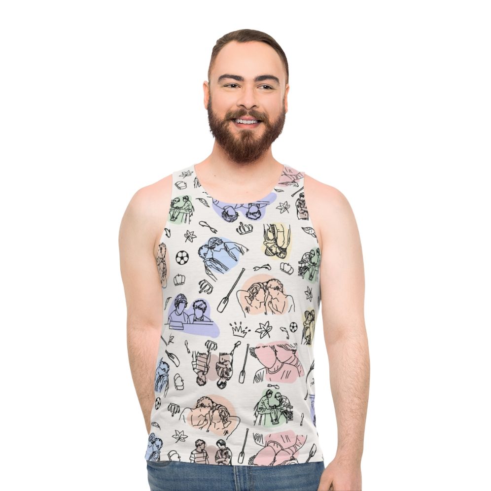 Minimal line art tank top design featuring characters from the Netflix series "Young Royals"