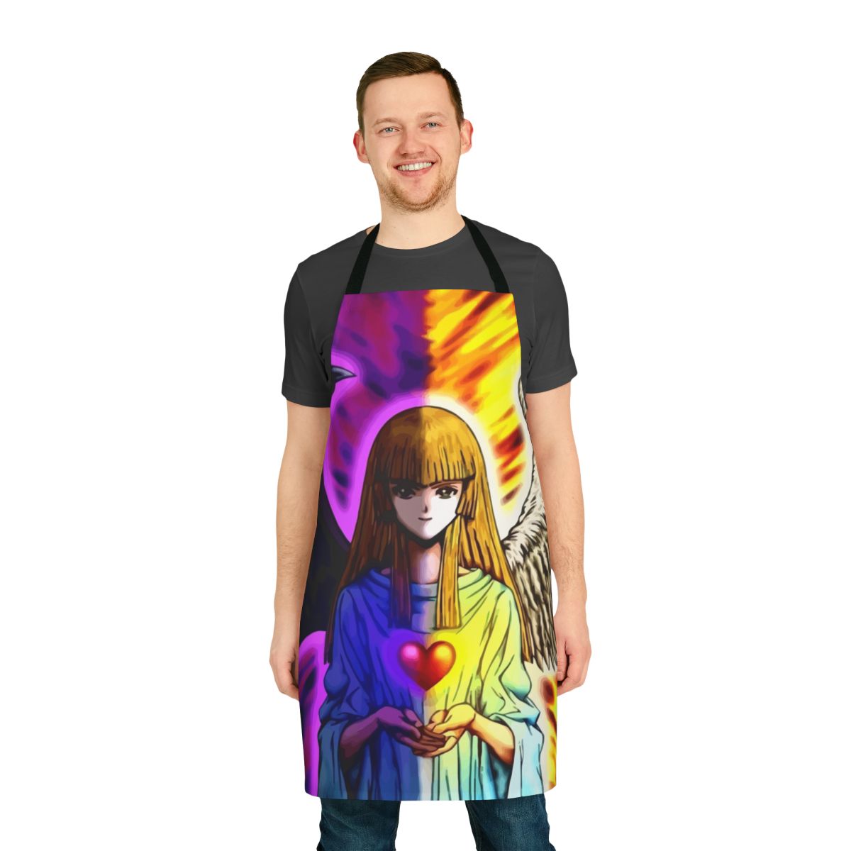 Yu-Gi-Oh! themed apron featuring the iconic Change of Heart card and other popular characters and symbols from the anime series.