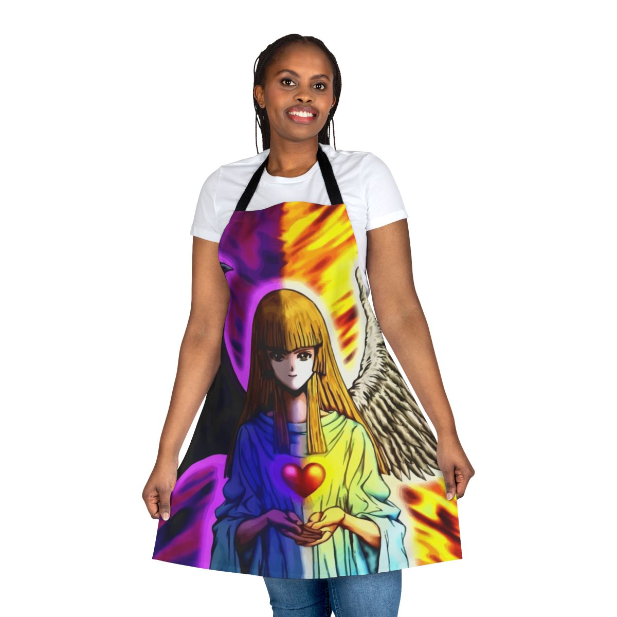 Yu-Gi-Oh! themed apron featuring the iconic Change of Heart card and other popular characters and symbols from the anime series.