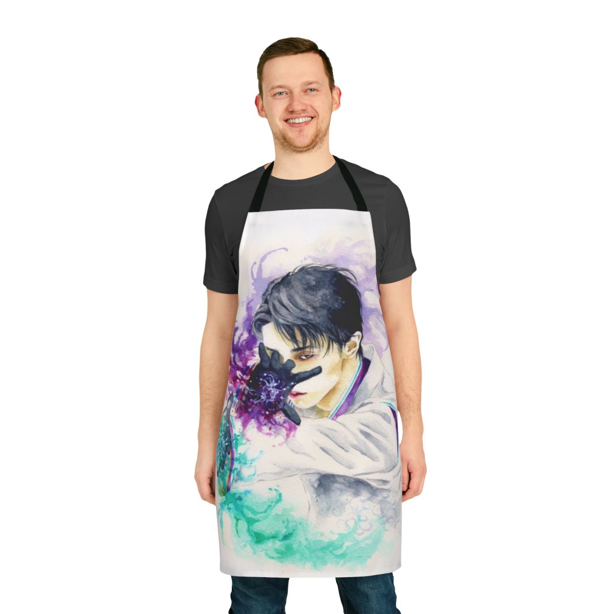 Yuzuru Hanyu figure skating inspired apron with a watercolor fanart design