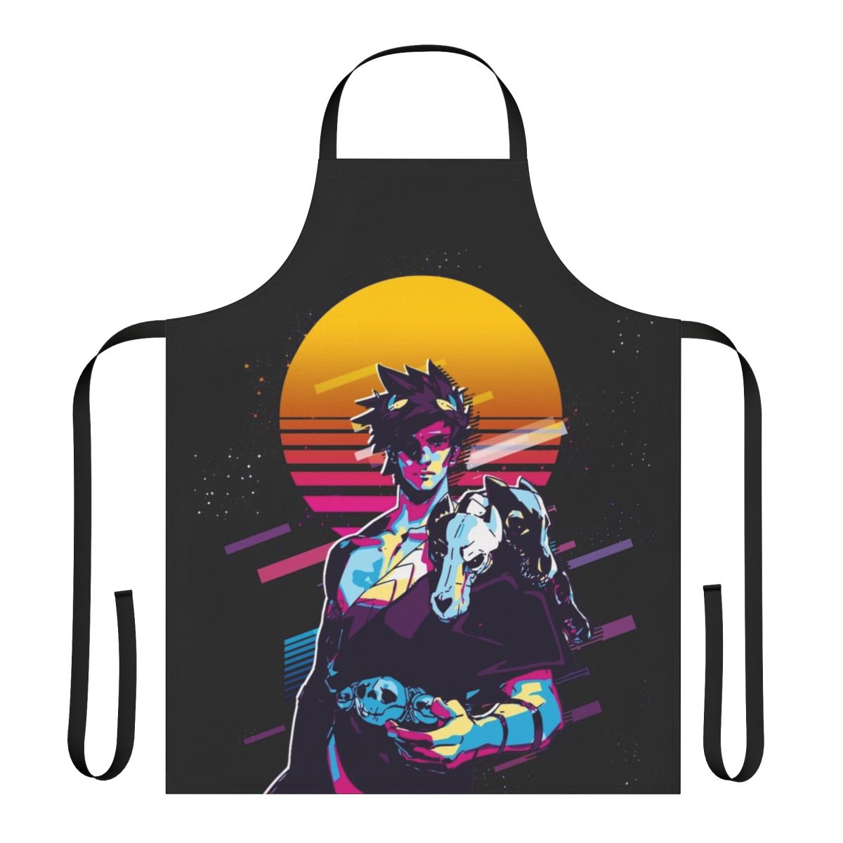 Zagreus Hades-inspired retro 80s apron featuring the protagonist from the popular game Hades.