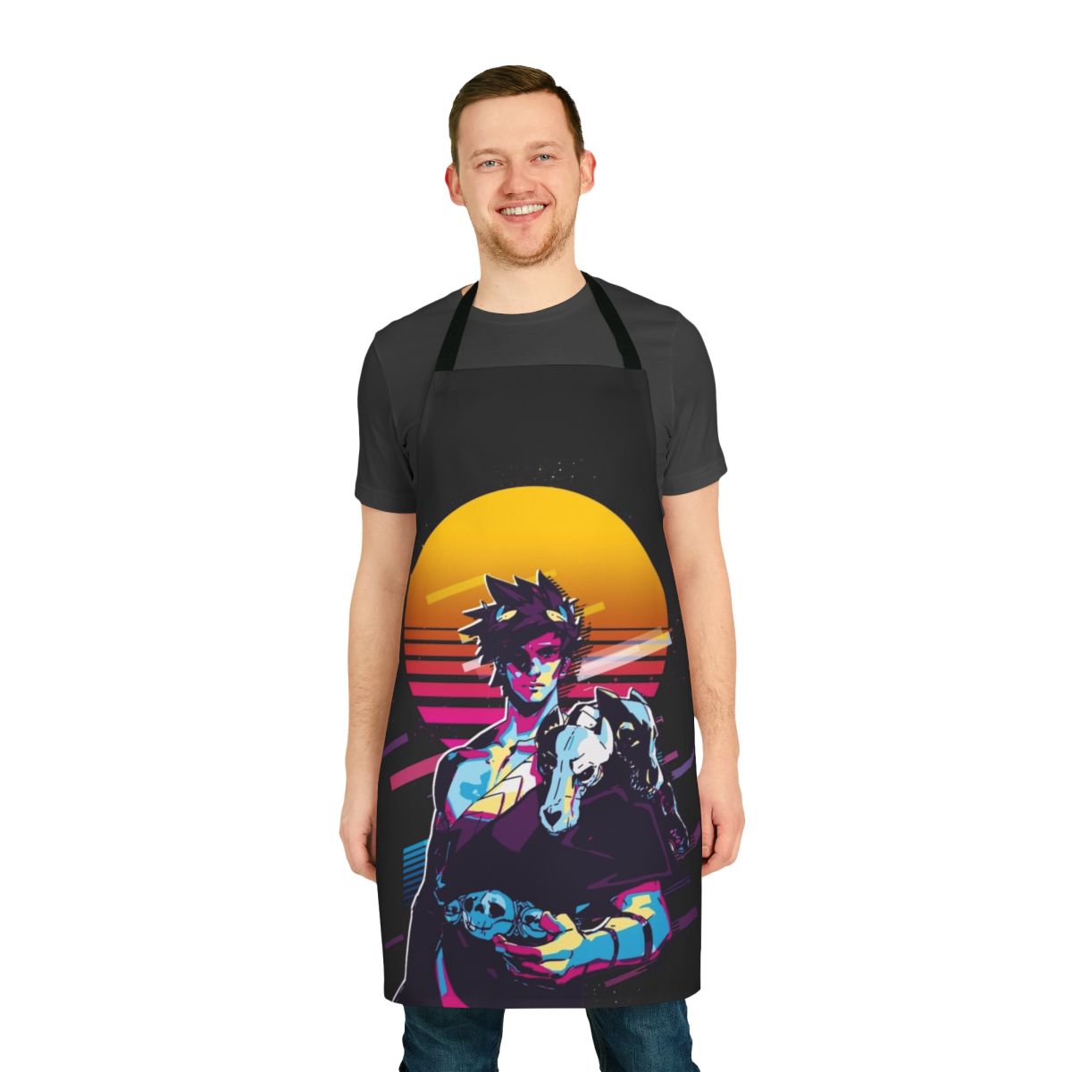 Zagreus Hades-inspired retro 80s apron featuring the protagonist from the popular game Hades.