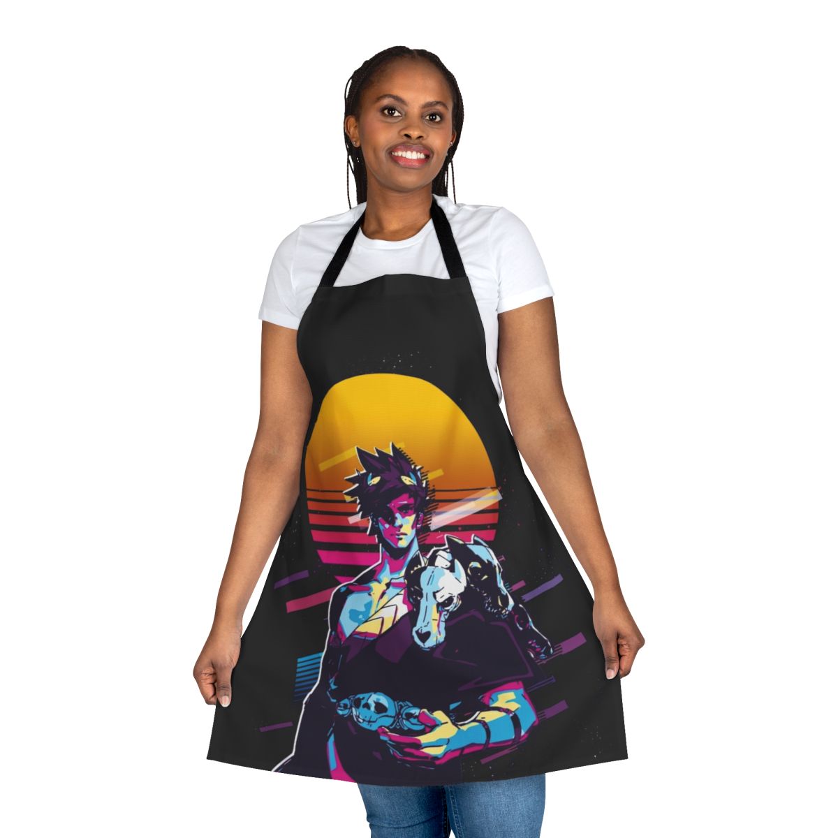 Zagreus Hades-inspired retro 80s apron featuring the protagonist from the popular game Hades.