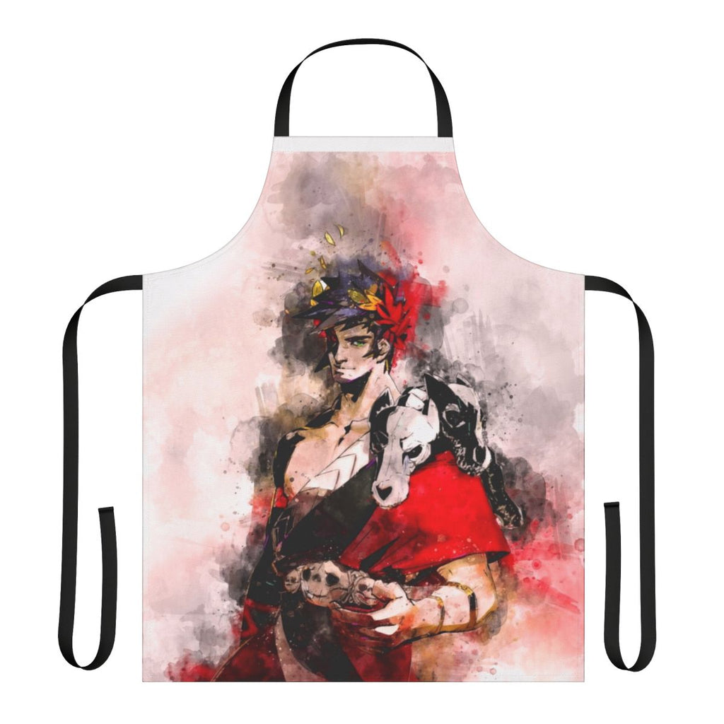 Zagreus Hades-inspired watercolor apron featuring the protagonist from the popular Hades game