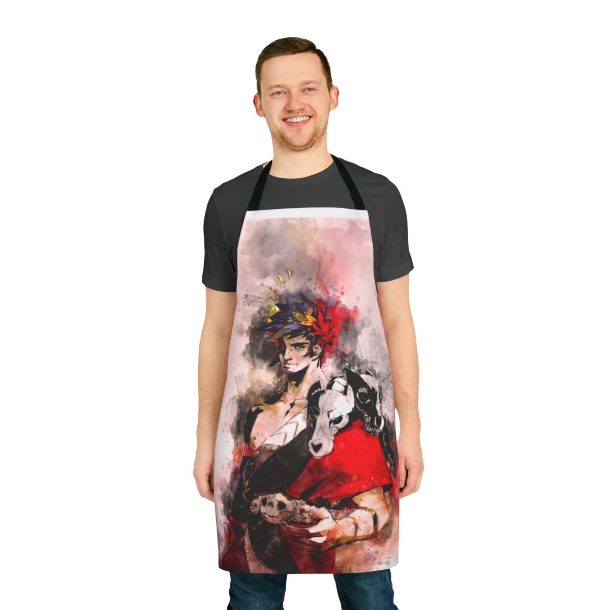 Zagreus Hades-inspired watercolor apron featuring the protagonist from the popular Hades game