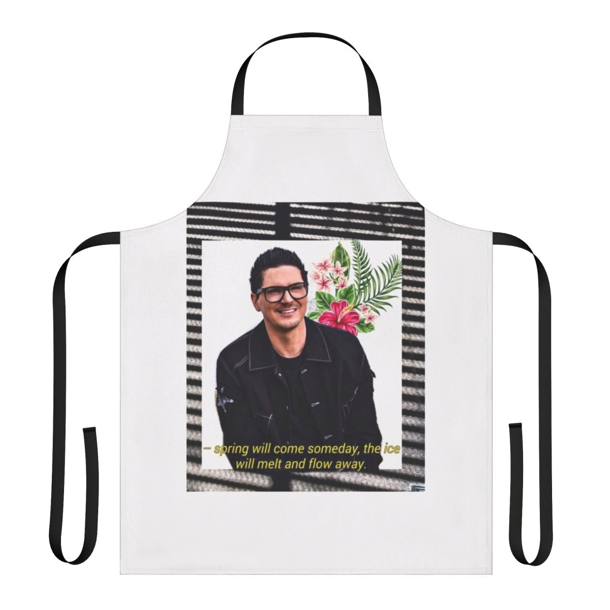 Zak Bagans-inspired apron with a black and white design and a quote