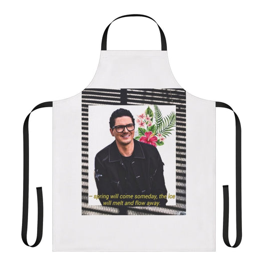Zak Bagans-inspired apron with a black and white design and a quote
