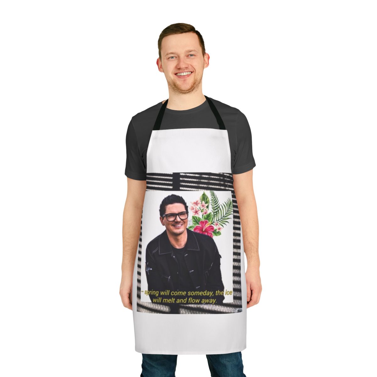 Zak Bagans-inspired apron with a black and white design and a quote