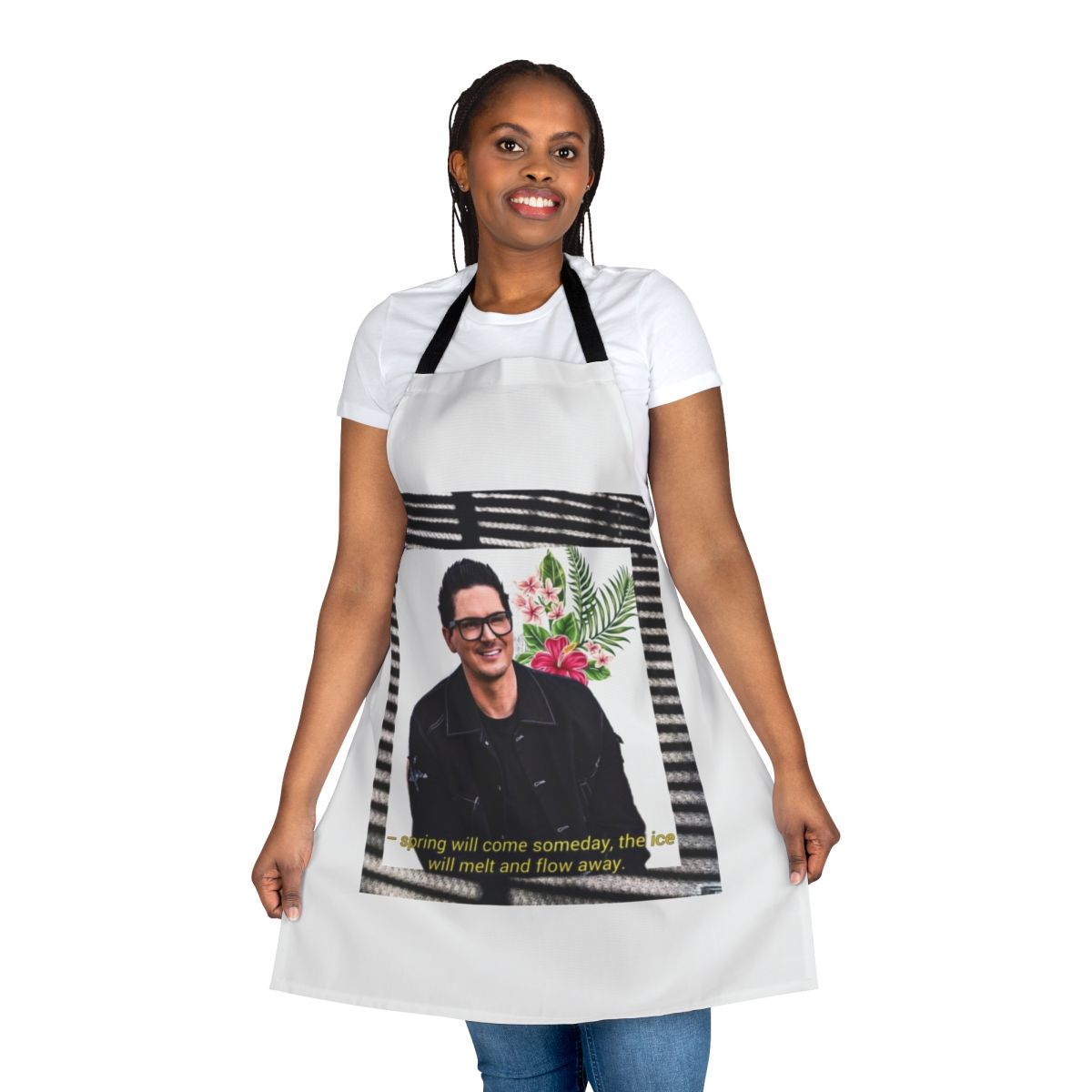 Zak Bagans-inspired apron with a black and white design and a quote
