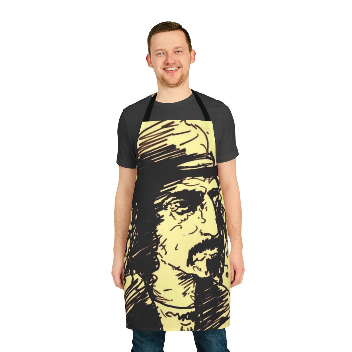 An apron featuring a hand-drawn portrait of the iconic musician Frank Zappa.