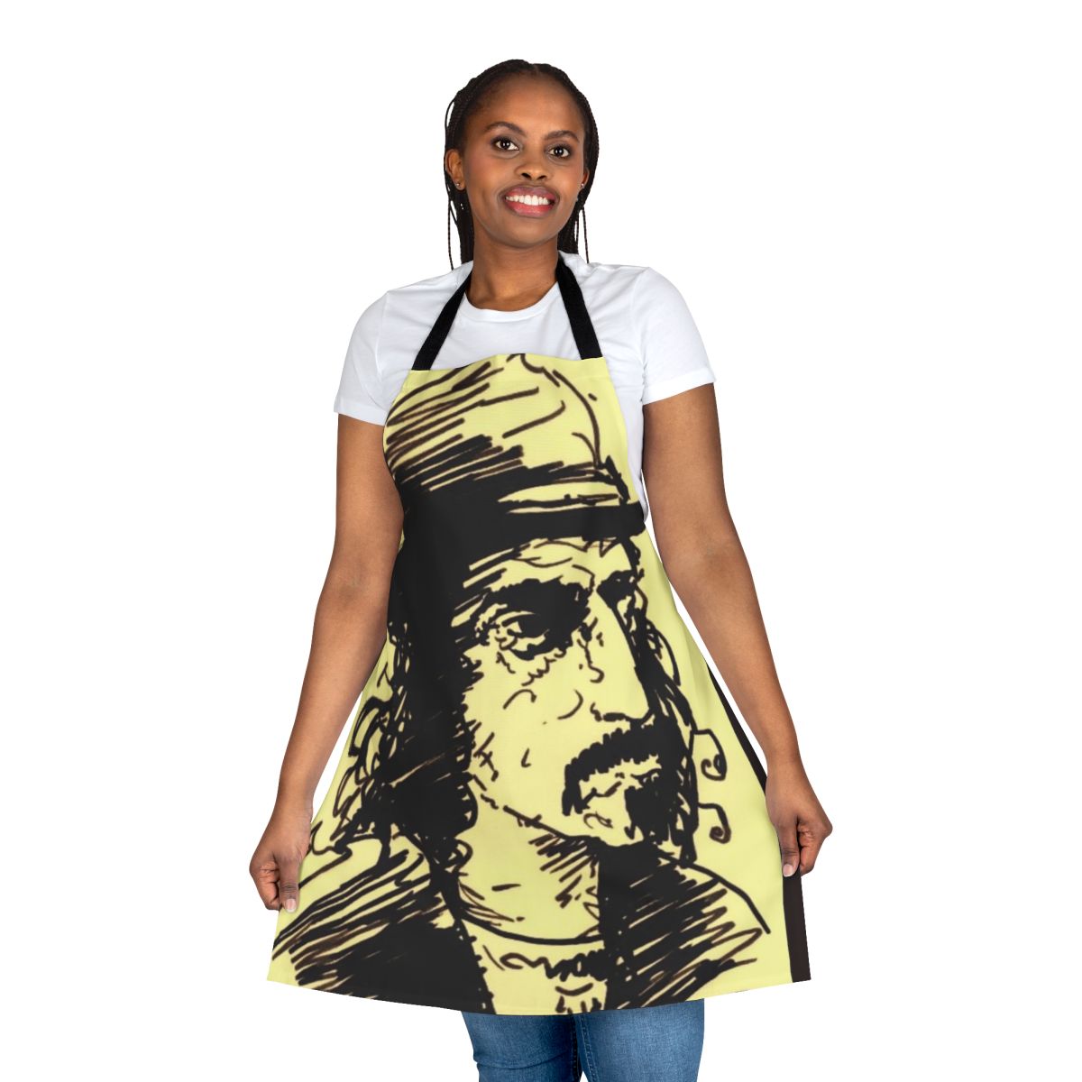 An apron featuring a hand-drawn portrait of the iconic musician Frank Zappa.