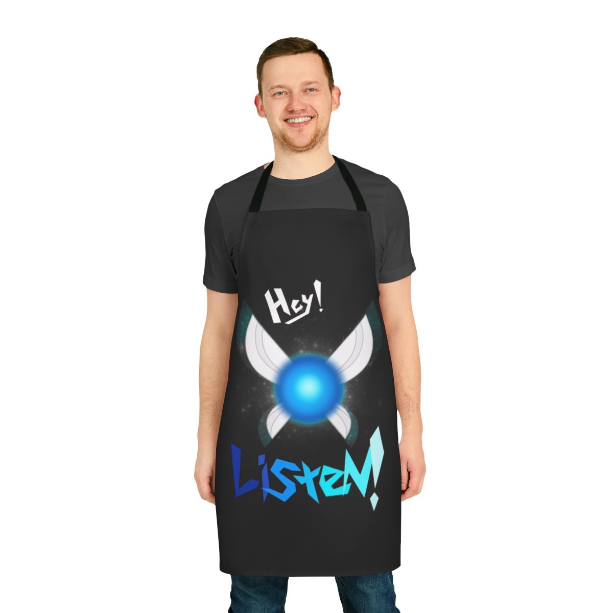 Fantasy-themed apron featuring the iconic "Hey Listen!" phrase from the Legend of Zelda series