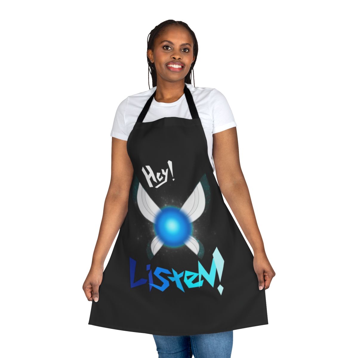 Fantasy-themed apron featuring the iconic "Hey Listen!" phrase from the Legend of Zelda series