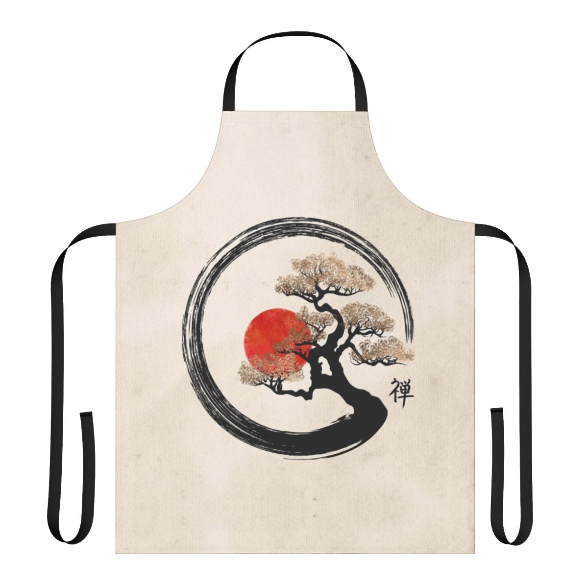 Canvas apron featuring a minimal, Japanese-style enso circle and bonsai tree design.