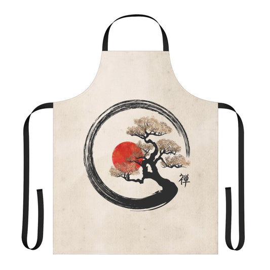Canvas apron featuring a minimal, Japanese-style enso circle and bonsai tree design.