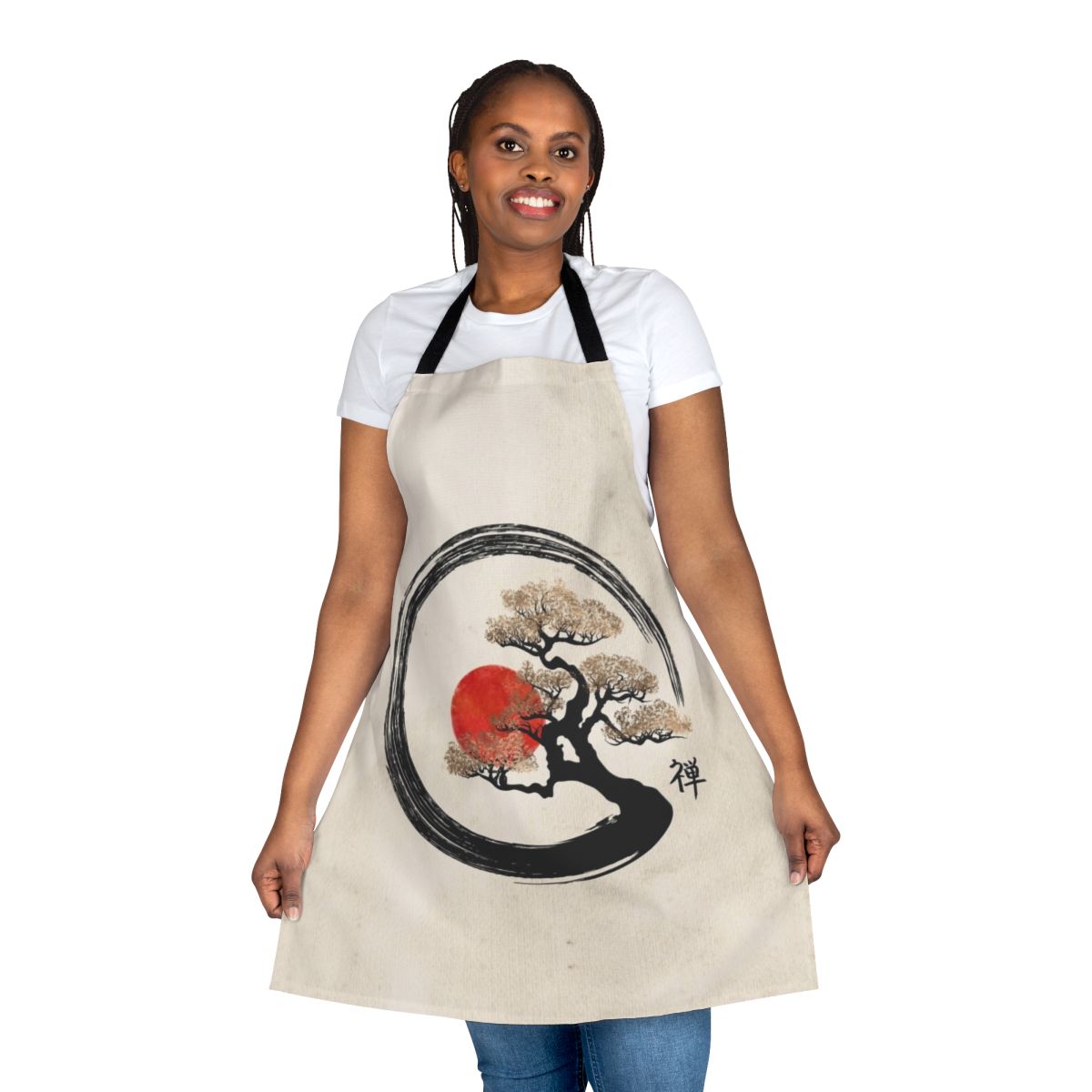 Canvas apron featuring a minimal, Japanese-style enso circle and bonsai tree design.