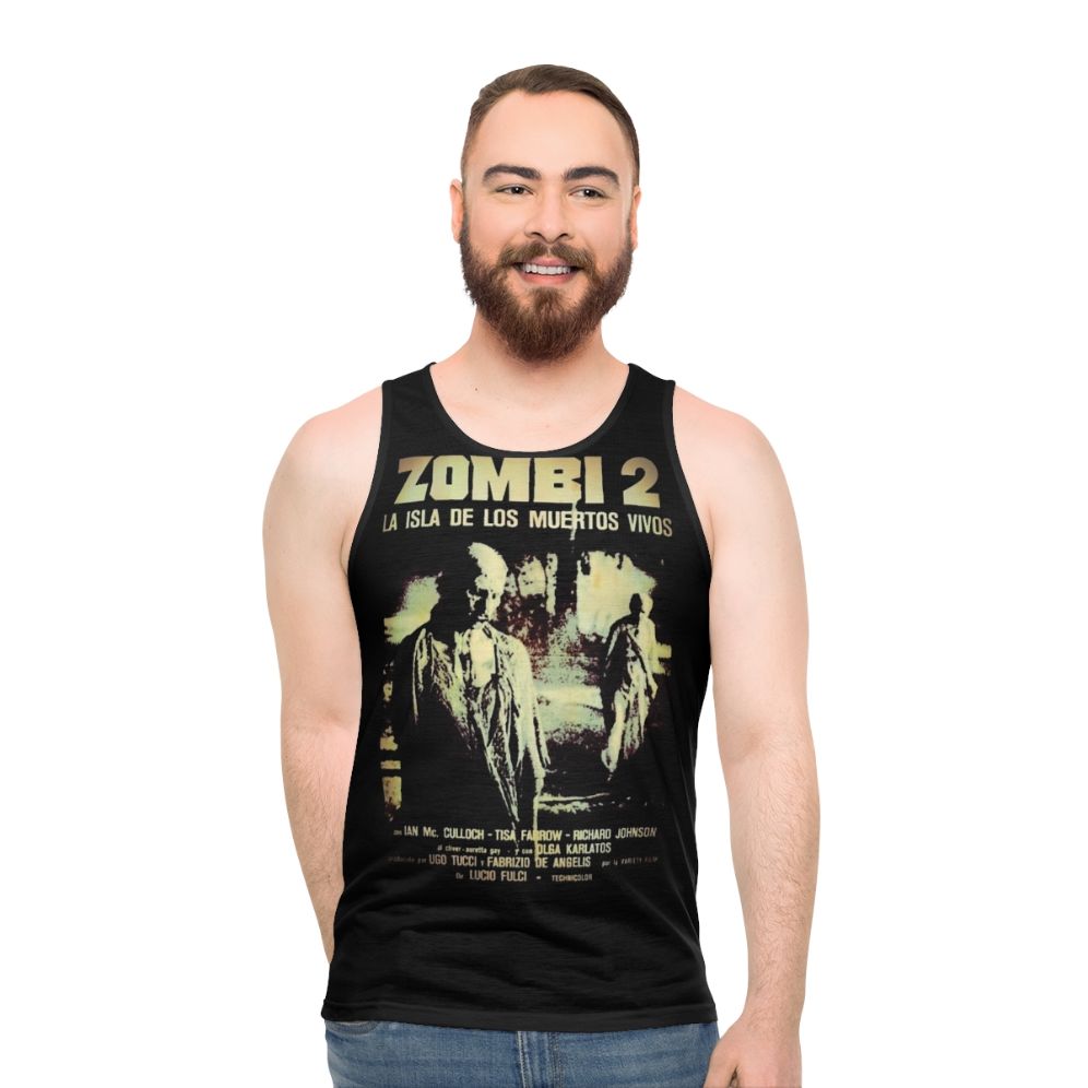 Zombi 2 unisex horror tank top featuring zombie and gore imagery