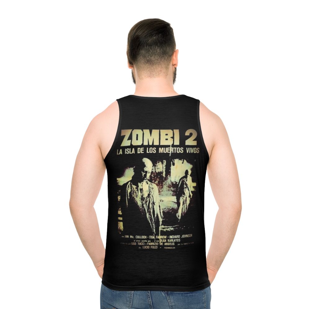 Zombi 2 unisex horror tank top featuring zombie and gore imagery