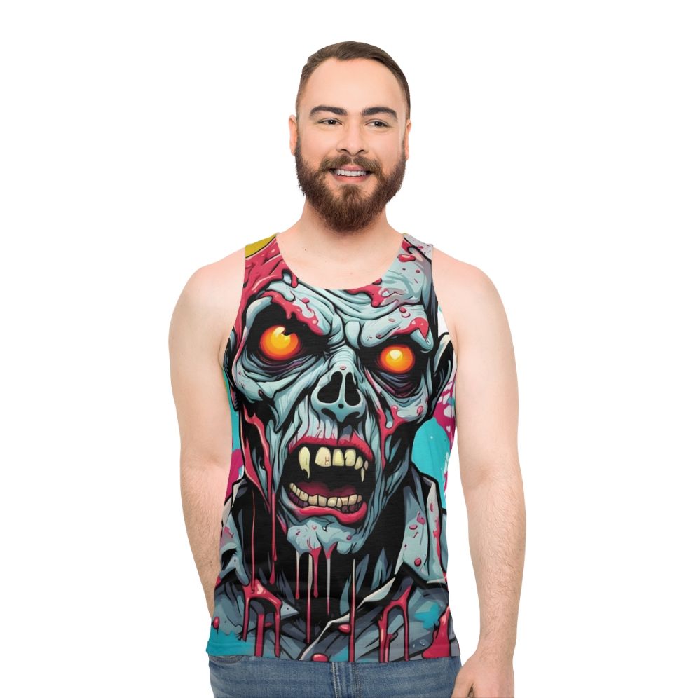 Zombie apocalypse unisex tank top with chaotic undeath paint drip