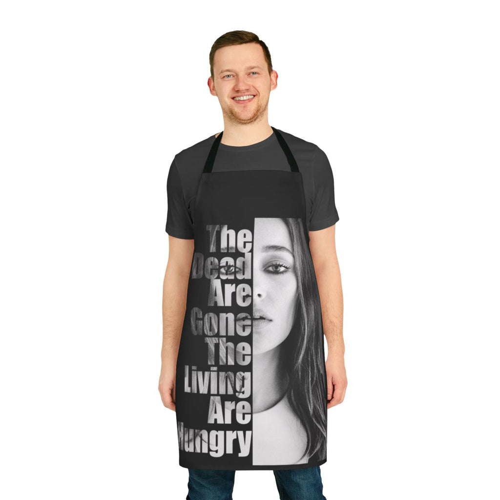 Zombie apocalypse themed apron with the quote "The Dead Are Gone, The Living Are Hungry"