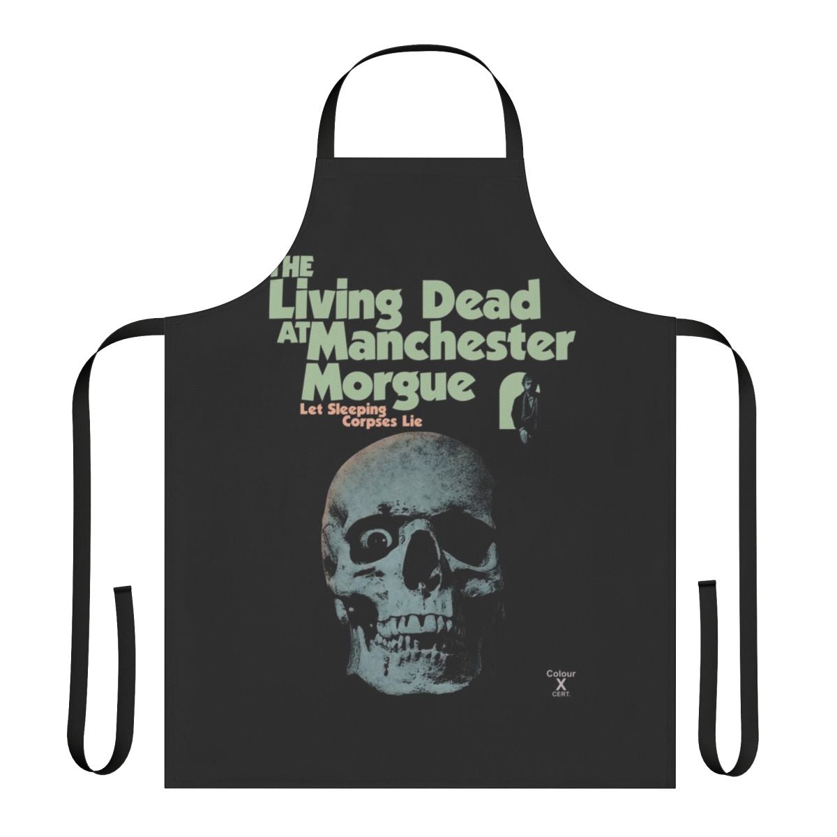 The Living Dead at Manchester Morgue inspired zombie apron with skulls, corpses, and gothic design