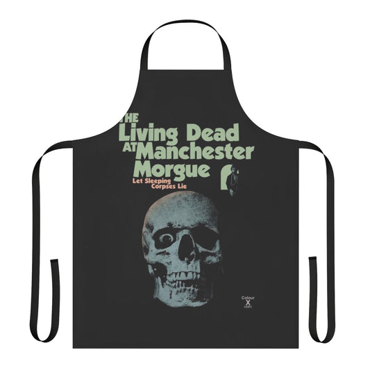 The Living Dead at Manchester Morgue inspired zombie apron with skulls, corpses, and gothic design