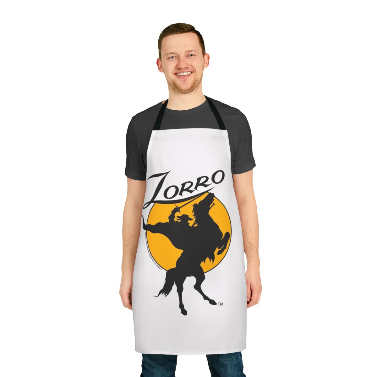 Zorro silhouette apron with horse rider design in a western style