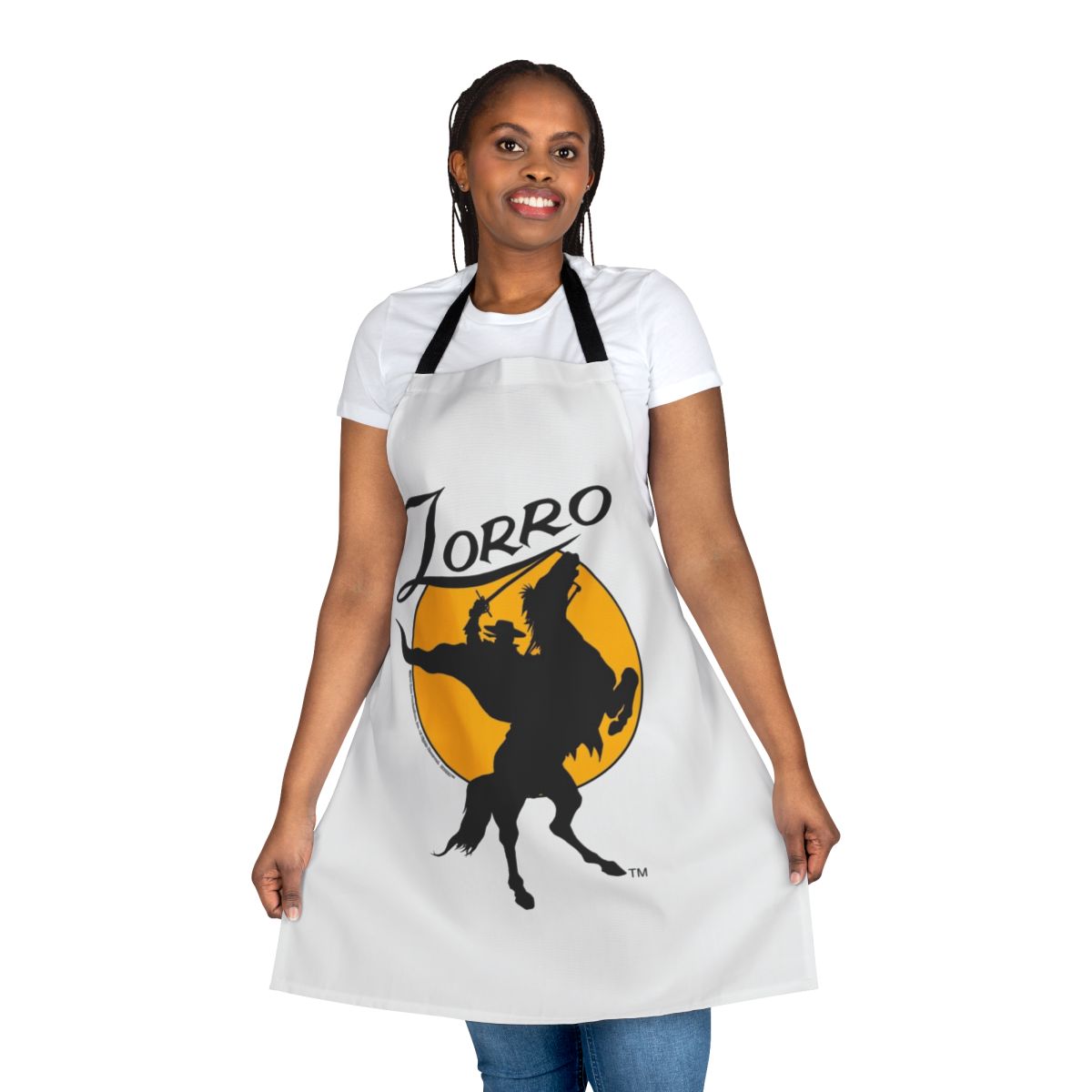 Zorro silhouette apron with horse rider design in a western style