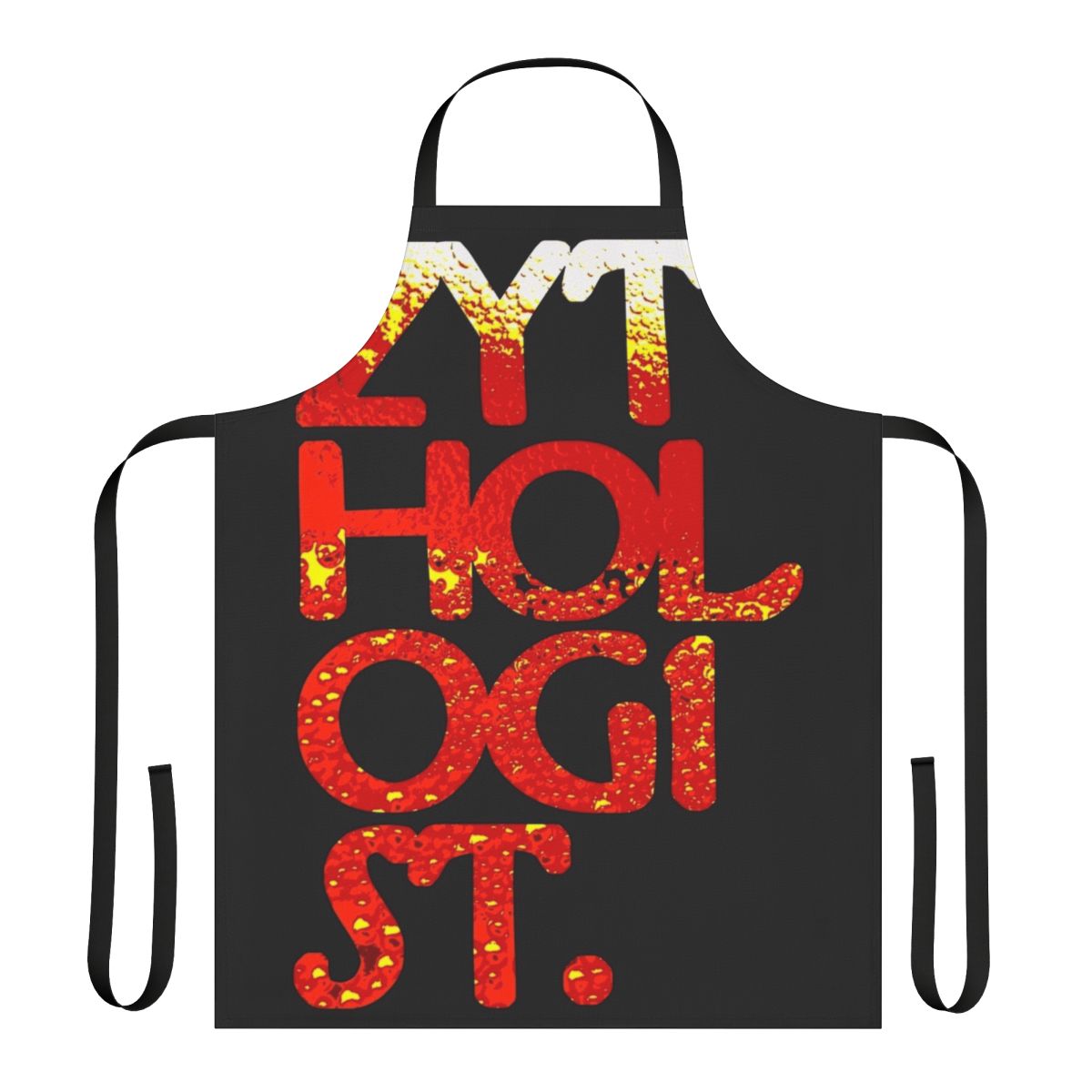 A zythology-themed apron with amber-colored typography art