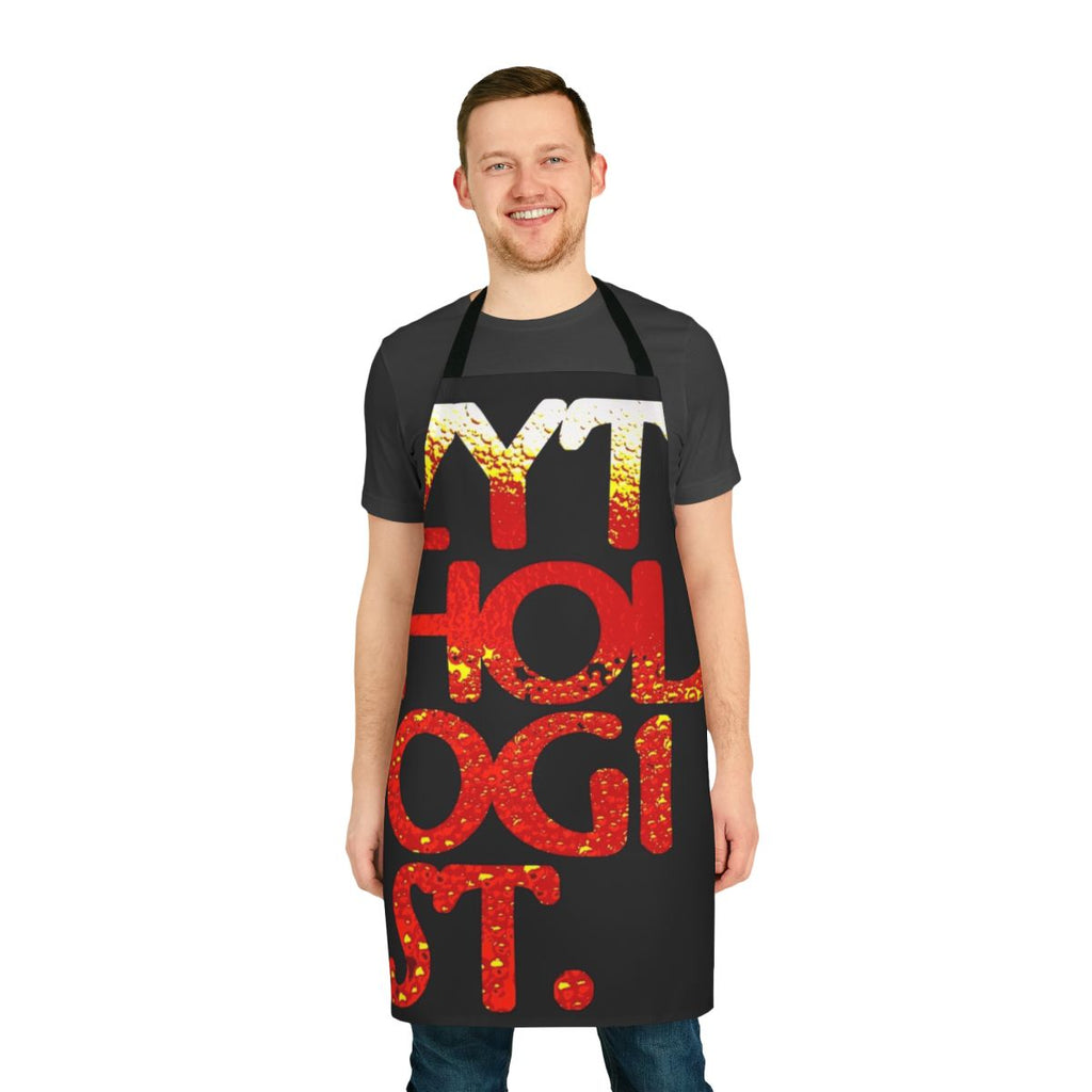 A zythology-themed apron with amber-colored typography art
