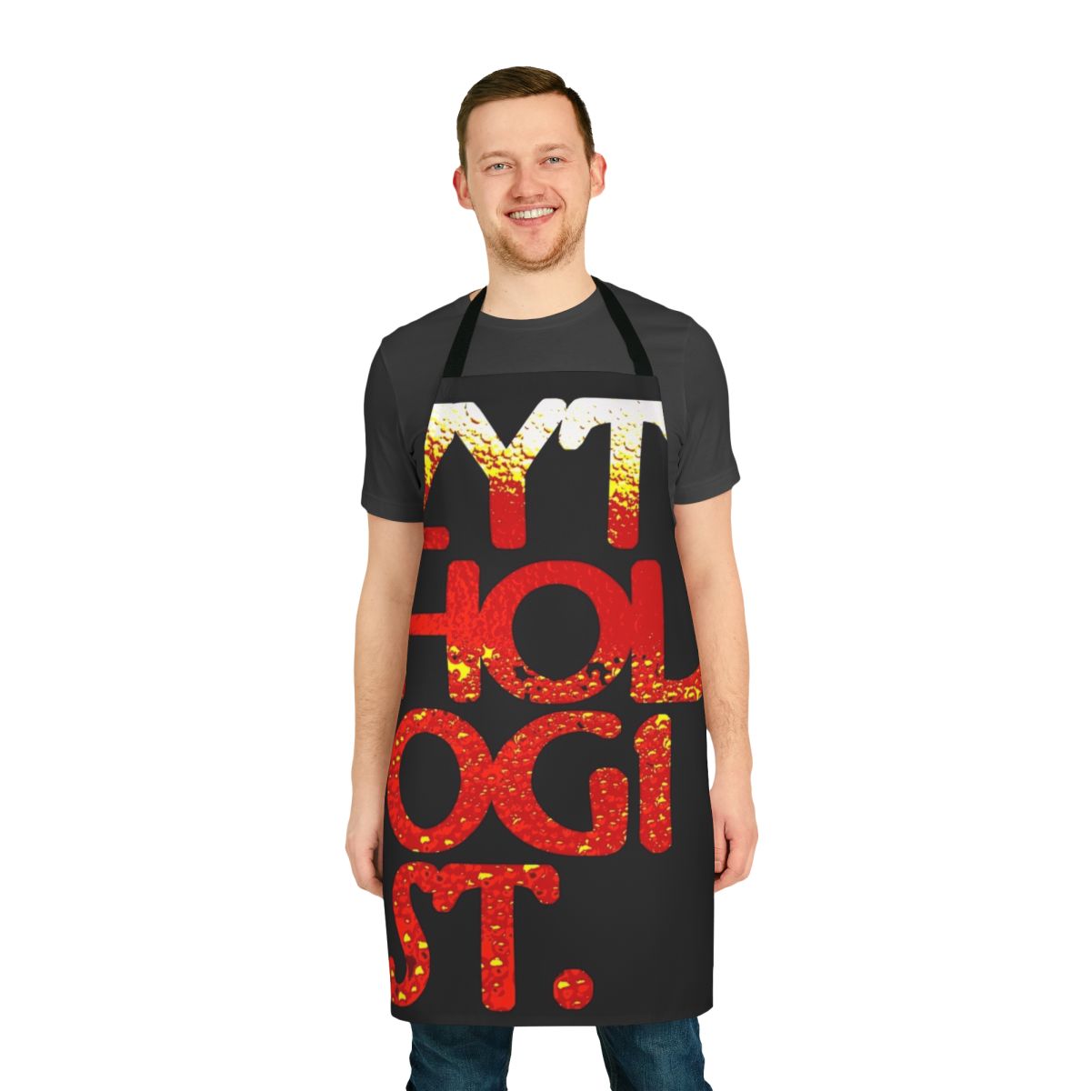 A zythology-themed apron with amber-colored typography art