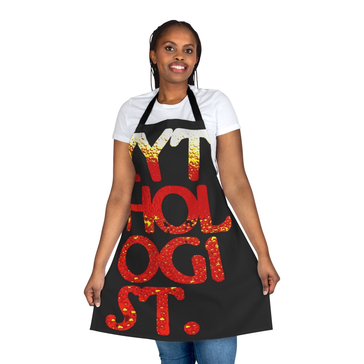 A zythology-themed apron with amber-colored typography art